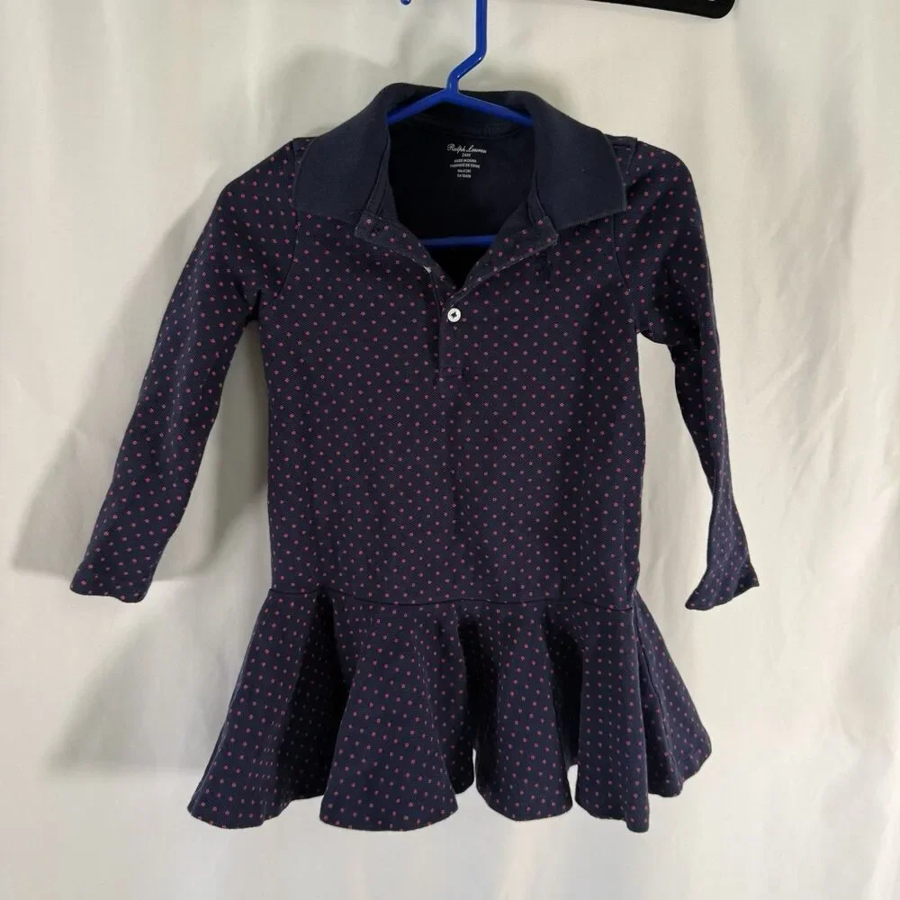 Ralph Lauren Shirt Dress Baby Girls 24M Months Blue Red Polka Dot Long Sleeve